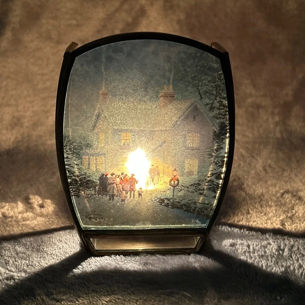 Vintage Thomas Kinkade Enesco Brass Glass Tea Light Candle Holder Winter Scene